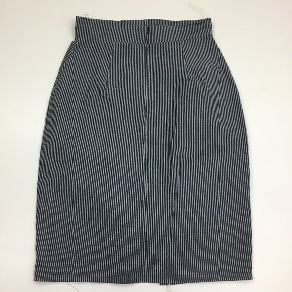 THE VINTAGE SHOP Dark Blue Gray Striped Asymmetric Zip Front Pencil Skirt - Picture 6 of 8